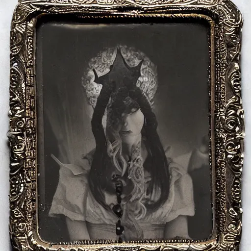 Prompt: tintype ambrotype daguerreotype of a cthulhu priestess adorned in occult jewelery with tentacle hair. emerging walking out of a baroque frame. striking face.