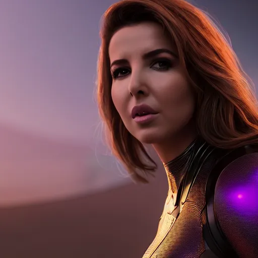 Image similar to a portrait of nancy ajram as thanos, the pixar adaptation, hyper detailed, digital art, trending in artstation, cinematic lighting, studio quality, smooth render, unreal engine 5 rendered, octane rendered