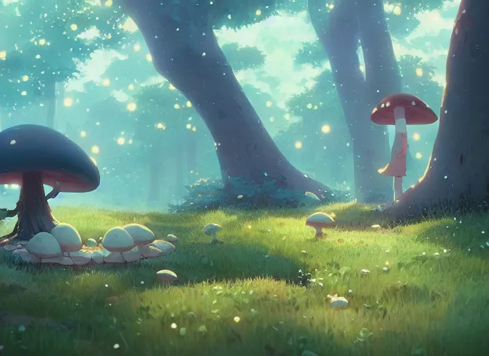 Image similar to mushroom tree forest, detailed, cory loftis, james gilleard, atey ghailan, makoto shinkai, goro fujita, studio ghibli, rim light, exquisite lighting, clear focus, very coherent, plain background, soft painting