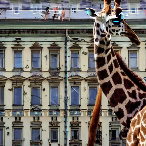 Prompt: giraffes roaming in center of helsinki, urban, photo, hyper realistic, buildings decay