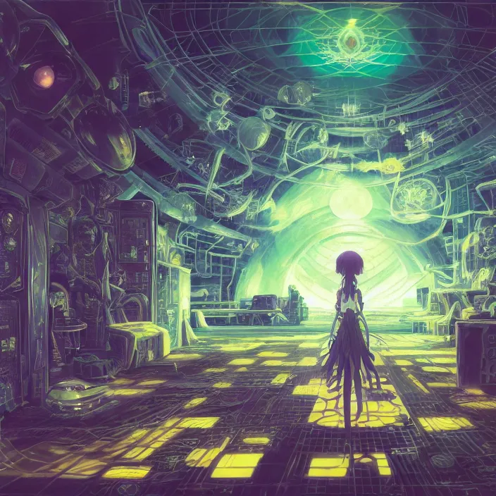 Image similar to Albedo from overlord, mamimi samejima, psychedelic background, epcot, inside a space station, eye of providence, female anime character, Lain, uwu, uwu, Luminism, Tomas Sanchez, Karla Knight, surrealism, Simon Stålenhag, M. C. Escher, Ruan Jia, uwu Hi-Fructose, Artstation, HD, HDR, High Resolution, technological rings, giygas