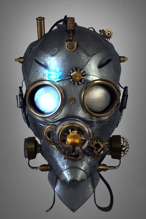 Image similar to steampunk mask minimalist fantasy art robot ninja helmet, global illumination ray tracing hdr fanart arstation by sung choi and eric pfeiffer and gabriel garza and casper konefal radiating a glowing aura