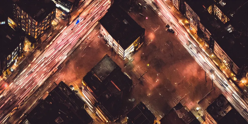 Prompt: a city street at night, raining, photograph, cyberpunk, sharp focus, intricate detail, drone shot,