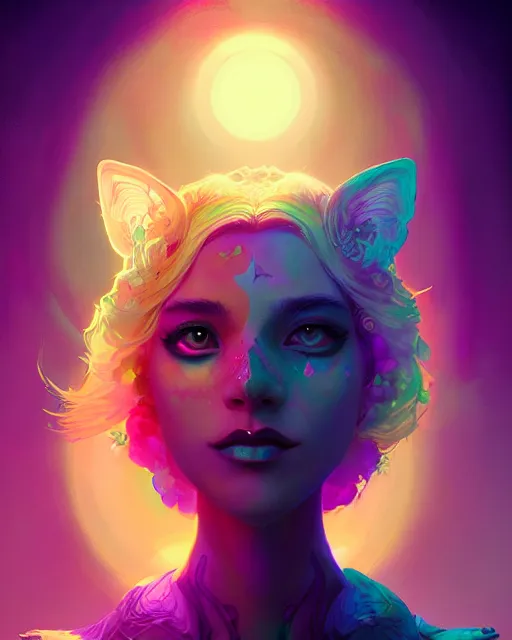 Image similar to lsd, acid trip, intricate, a beautiful woman with ( fox ) features, in professional makeup, dramatic lighting, by lois van baarle, ross tran, greg rutkowski, ultra detailed colorful repeating fractals in the background by moebius, beeple, artstation