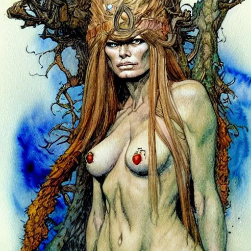 Image similar to a realistic and atmospheric watercolour fantasy character concept art portrait of brigitte bardot as a druidic warrior wizard looking at the camera with an intelligent gaze by rebecca guay, michael kaluta, charles vess and jean moebius giraud