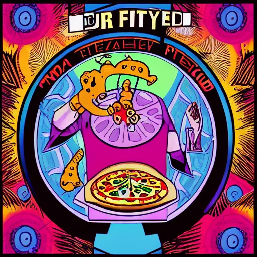 Prompt: DJ style album cover with pizza and words DJ FROZEN PIZZA, psychedelic, 16k, trending on artstation