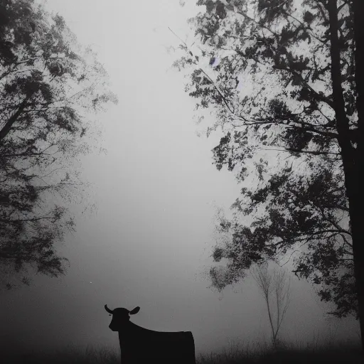 Prompt: low quality photograph of a cow looking at the camera at night, dark, creepy mood, dark forest, low lighting