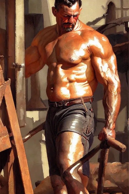 Prompt: muscular sweaty male blacksmith, forgehouse painting by craig mullins, j. c. leyendecker, tom of finland