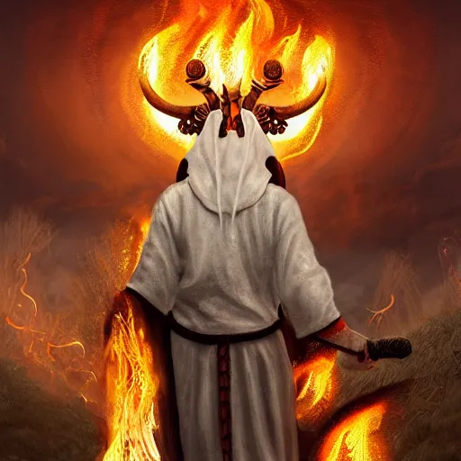 Image similar to ram horned catholic monk like half-lamb brings fire down from the sky, medieval style, trending on artstation, highly detailed, digital painting, volumetric light, concept art, sharp focus, illustration