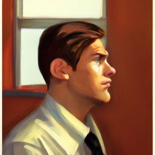 Image similar to a brown haired man with a 5 o'clock shadow, detailed, edward hopper, trending on artstation,