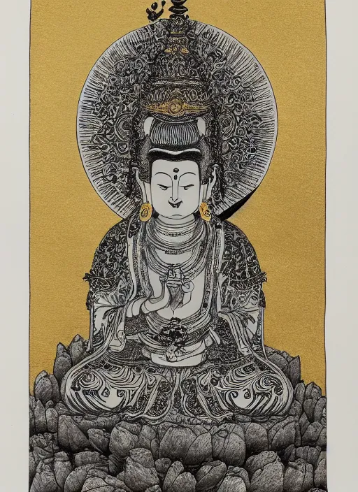 Image similar to detailed pen and ink illustration of a Buddhist bodhisattva with a bears head, seated in royal ease, 0.2 black micron pen on white paper, gilded gold halo behind head, highly detailed, fine pen work, white background, in the style of Olivia Kemp