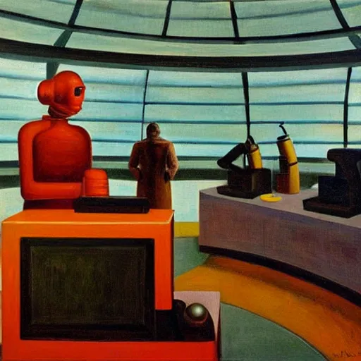 Image similar to robotic scientists in a dome - shaped control center, grant wood, pj crook, edward hopper, oil on canvas