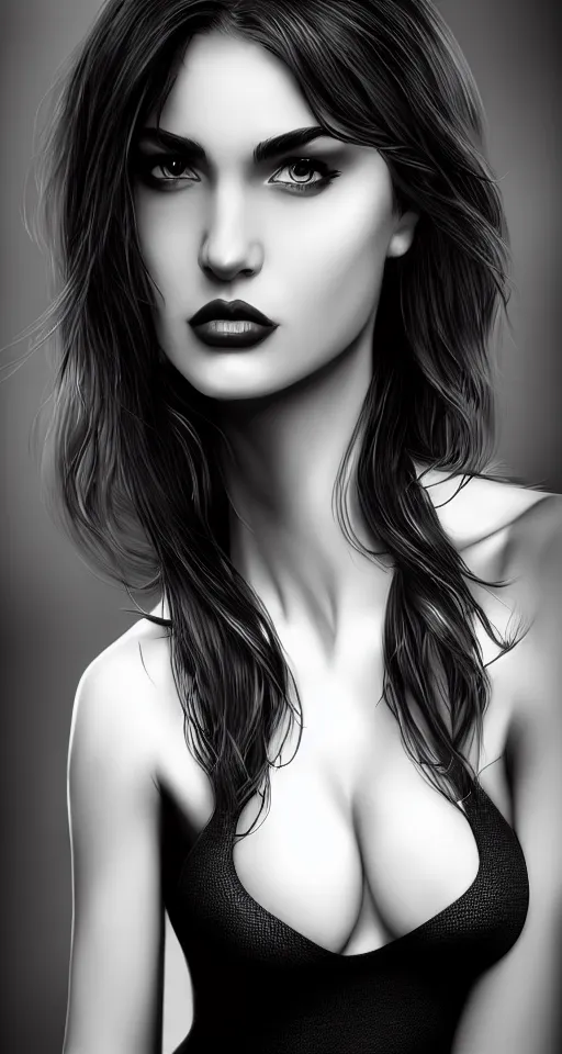 Prompt: full body portrait of a beautiful woman in black and white, photorealistic, upper body, art by diego fazio and diegoKoi and artgerm, concept art, hyper sharp focus, 8k highly detailed