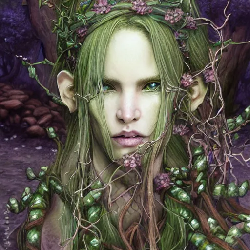 Prompt: a firbolg druid with vines for hair, fantasy, dungeons and dragons, an ultrafine detailed painting by ayami kojima, cgsociety, fantasy, anime digital art, lovecraftian, cosmic horror, detailed painting