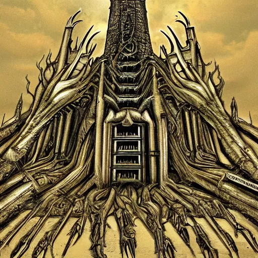 Image similar to barad - dur in the style of h. r. giger