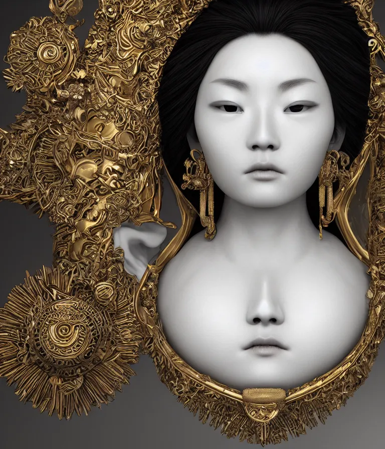 Prompt: hyper realistic portrait photo of ameterasu the sun goddess of japan, portrait shot, porcelain white face, intricate detail, octane render