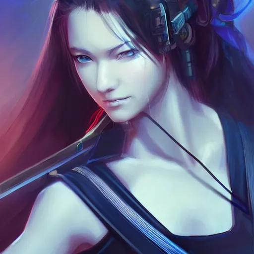 Image similar to closeup of a young cyberpunk samurai lady holding a sword, digital painting, anime style, Artstation, by Artgerm