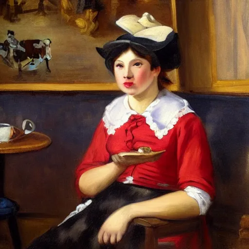 Image similar to fancy cow with a red hat on her head sitting in front of a parisian coffee shop drinking coffee, eugène delacroix painting, 4k, realistic,