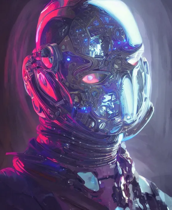 Image similar to portrait of a cyberpunk masked male evil, half body, glowin eyes, d & d, fantasy, intricate, elegant, highly detailed, colorful, vivid color, digital painting, artstation, concept art, art by artgerm and greg rutkowski and alphonse mucha and ruan jia