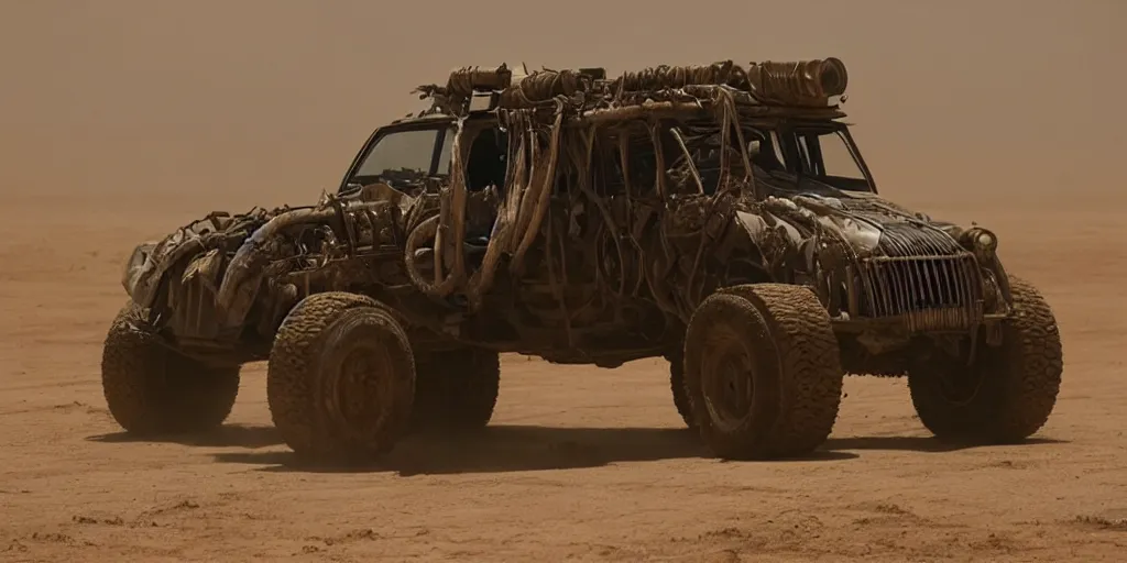 Prompt: epic custom Dolorean in the movie Mad Max: Fury Road (2015)