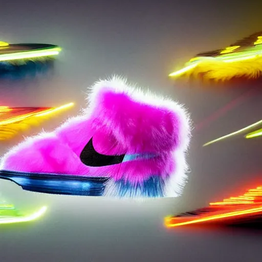 Image similar to poster nike shoe made of very fluffy colorful faux fur placed on reflective surface, professional advertising, overhead lighting, heavy detail, realistic by nate vanhook, mark miner