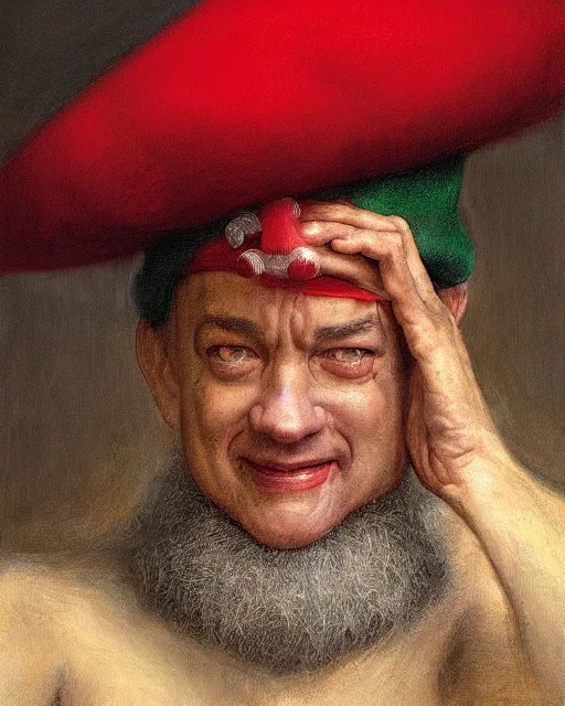 Image similar to closeup portrait of whimsical conniving tom hanks wearing a red hat, court jester in renaissance era,, masterpiece, by donato giancola and greg rutkowski and wayne barlow and zdzisław beksinski, high contrast, realistic face