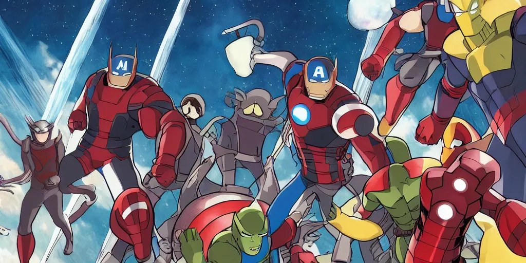 Image similar to studio ghibli image of marvel's the avengers fighting thanos