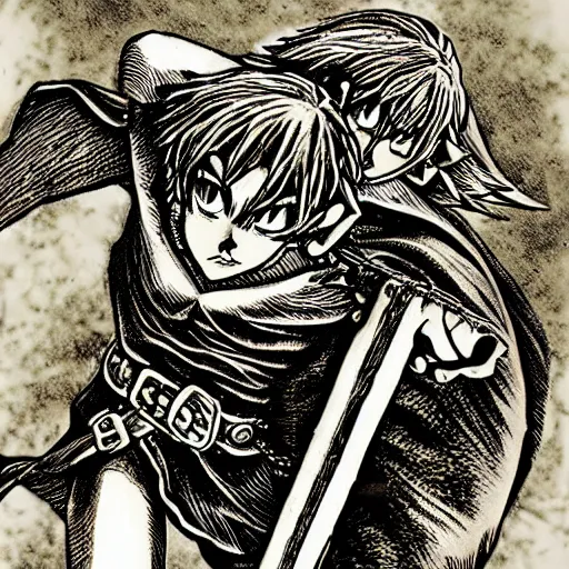 Prompt: Link in the style of Kentaro Miura, Legend of Zelda, Berserk