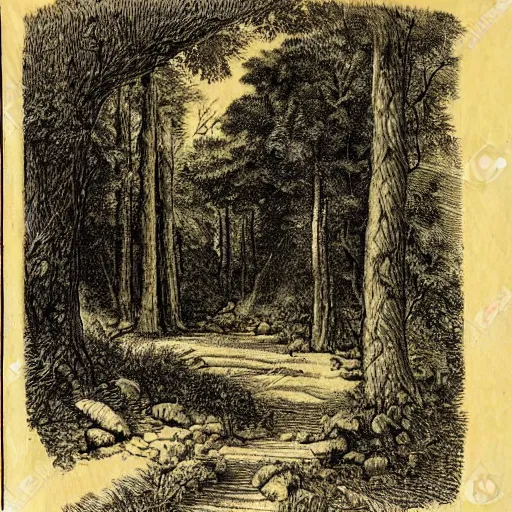 Image similar to a path in the woods, trees, rocks, mysterious, engraving, old book, etching