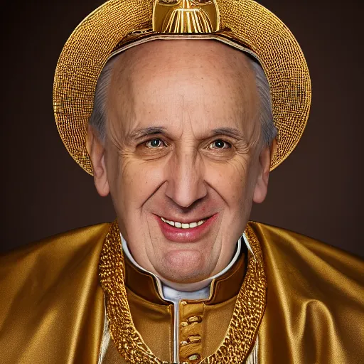 Prompt: portrait of a catholic pope, wearing gold gangster chains, with gold teeth, studio portrait, studio lighting, 1 8 0 0's, 5 0 mm, 4 k