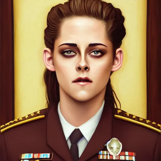 Image similar to Render of Kristen Stewart as Honor Harrington wearing an officer's uniform, cute 3d, long brown hair, brown eyes, soft smile, 4k oil on linen by wlop, artgerm, andrei riabovitchev, nuri iyem, james gurney, james jean, greg rutkowski, highly detailed, soft lighting 8k resolution, aboard a starship, medium shot, mid-shot, trending on Artstation, Unreal Engine 4k