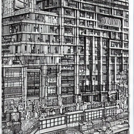 Image similar to a black and white drawing of a building, a detailed mixed media collage by hiroki tsukuda and eduardo paolozzi, intricate linework, sketchbook drawing, street art, polycount, deconstructivism, matte drawing, academic art, constructivism