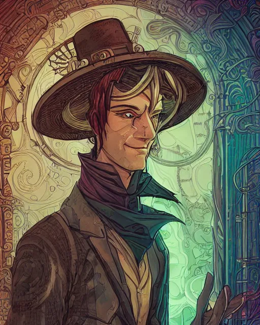 Prompt: a detailed portrait illustration of a steampunk tech - sorcerer. handsome androgynous face, ginger. art nouveau, pop art, comic book style. influenced by neil gaiman, h. p. lovecraft, dan mumford, brian froud, heade, killian eng, ross tran.