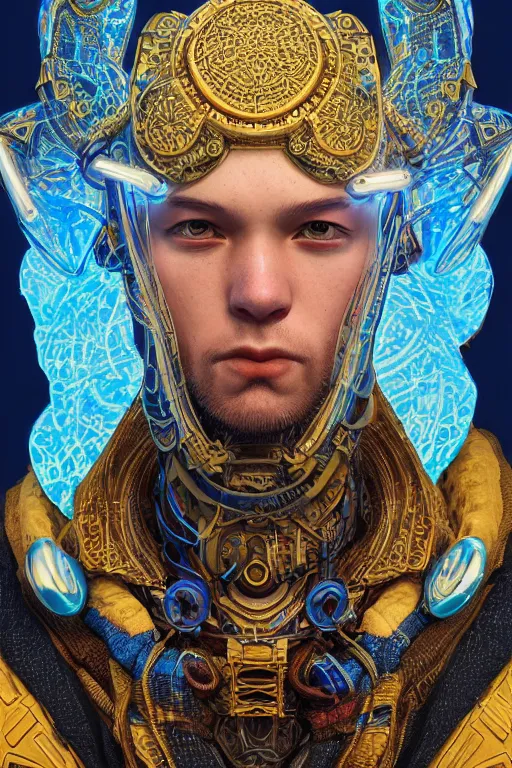 Image similar to Portrait of a psychedelic sci-fi shaman, third person, D&D, sci-fi fantasy, intricate, blue and gold, highly detailed , art by Range Murata, highly detailed, 3d, octane render, bright colors, digital painting, trending on artstation, sharp focus, illustration style of Stanley Artgerm,