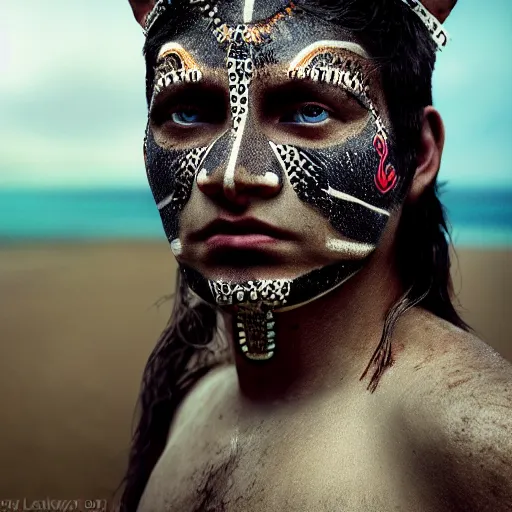 Prompt: portrait of a young mayan jaguar warrior, beach pic, depth of field, zeiss lens, detailed, symmetrical, centered, fashion photoshoot, by annie leibovitz and steve mccurry, david lazar, jimmy nelsson, breathtaking, 8 k resolution, extremely detailed, beautiful, establishing shot, artistic, hyperrealistic, beautiful face, octane render