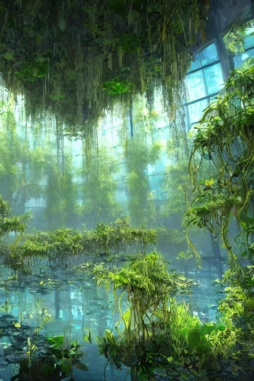 Prompt: A beautiful overgrown office interior flooded with crystal clear water, lily pads, thick and rich vines on the walls, tall ceiling, digital art, trending on Artstation