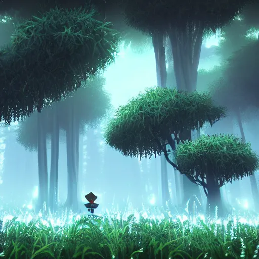 Image similar to enchanted magical mysterious forest, parallax layer from a gorgeous indie platform game, on a white background, intricate, highly detailed, volumetric fog, masterpiece