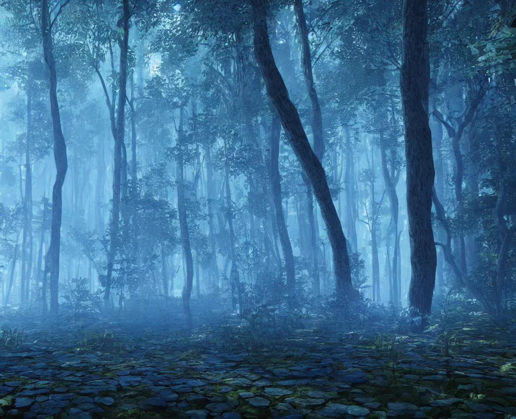 Prompt: blue forest, glowing, unreal engine 5, raytracing, shader, digital art, highly detailed, artstation, octane render