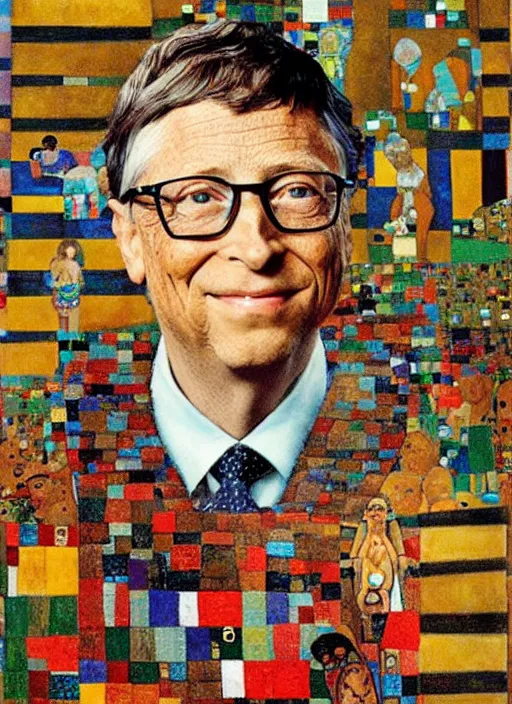 Image similar to bill gates, patron saint of health, gustave klimt,