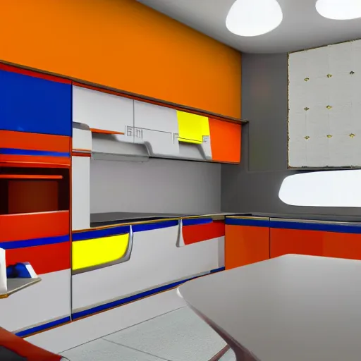 Image similar to 1970's futurist interior kitchen, furnished by aero aarino, primary colors are white, orange, yellow, and red unreal engine 8k resolution