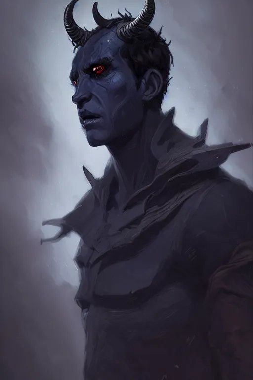 Prompt: character design portrait of a sad dark blue tiefling boy with horns and dark hair and pitch black hollow eyes, soft rounded face, black eyes black eyes by Greg Rutkowski, concept art, sharp focus, illustration, intricate, highly detailed