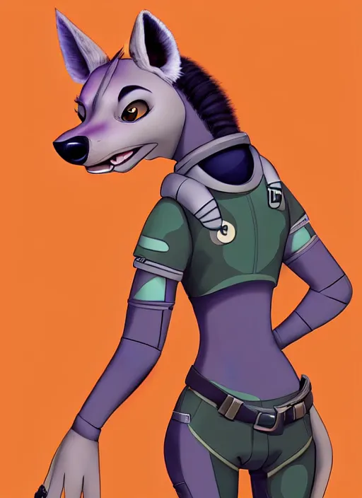 Image similar to digital detailed full body of anthromorphic female hyena, in style of zootopia, zootopia, zootopia, fursona, furry, furaffinity, 4 k, deviantart, furry art, fursona art, wearing astronaut outfit, in style of zootopia, hyena fursona, cyberpunk, female, detailed feminine face,