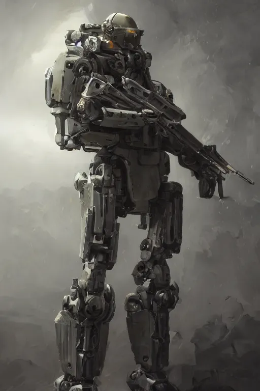 Image similar to full body shot of a mech soldier holstering its rifle, Art Station, Trending on Artstation, cgsociety, concept art, cinematic, 8k, hyper detailed, ultra realistic, epic, high resolution, digital art, ultra high quality, sci fi, robot, sharp, 4k UHD, realistic, intricate, masterpiece ,art by Yi Yang artstation + StTheo + Alan Van Ryzin,