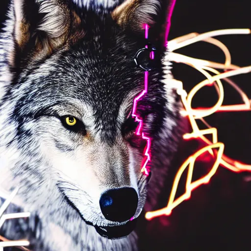 Prompt: portrait of half cybernetic wolf, l machine, animal, wires and translucent liquid, cyberpunk, robot wolf, mechanical parts, jewelry, editorial photography, neons, blade runner, futuristic style, realistic bokeh and depth of field, award winning, establishing shot