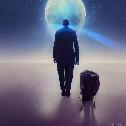 Prompt: 3 d, sci - fi, night, moon, smiling fashion model face, moon rays, cinematic, clouds, vogue cover style, a man walks to the horizon, blue mood, realistic painting, intricate oil painting, high detail illustration, figurative art, multiple exposure, poster art, 3 d, by tooth wu and wlop and beeple and greg rutkowski