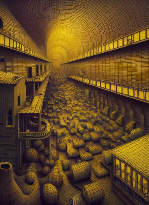 Image similar to hyper detailed 3d render like a Oil painting - the factory by Jacek Yerka, Mariusz Lewandowski, Abstract brush strokes, Houdini Algorithmic Generative Art, Masterpiece, Edward Hopper and James Gilleard, Zdzislaw Beksinski, Mark Ryden, Wolfgang Lettl, hints of Yayoi Kasuma, octane render, 8k