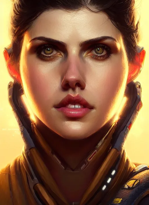 Image similar to portrait of apex legends alexandra daddario, intricate, elegant, glowing lights, highly detailed, digital painting, artstation, glamor pose, concept art, smooth, sharp focus, illustration, art by artgerm and greg rutkowski, artey freytag