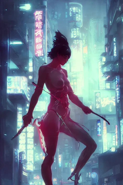 Image similar to portrait of yokai ninja slayer, japan, in cyberpunk, neon lighting, night city, digital art from artstation by Ruan Jia and Mandy Jurgens and Artgerm and william-adolphe bouguereau and Greg Rutkowski