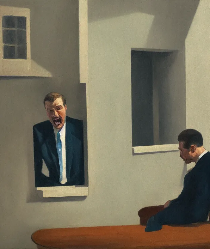 Image similar to a portrait painting of a man in a suit, the man is screaming and sad, highly detailed facial details, the man is alone in front of a window, in the style of edward hopper, 4 k,