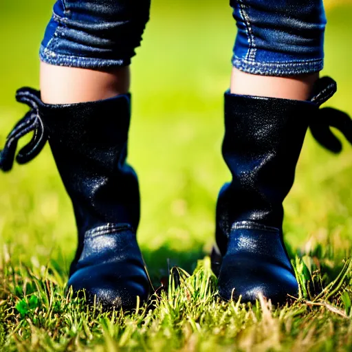 Image similar to a seven years old latin girl plays on a great green meadow, she wears a black jacket, jeans and black boots, she has two ponytails, photo taken by a nikon, highly detailed, sharp focus